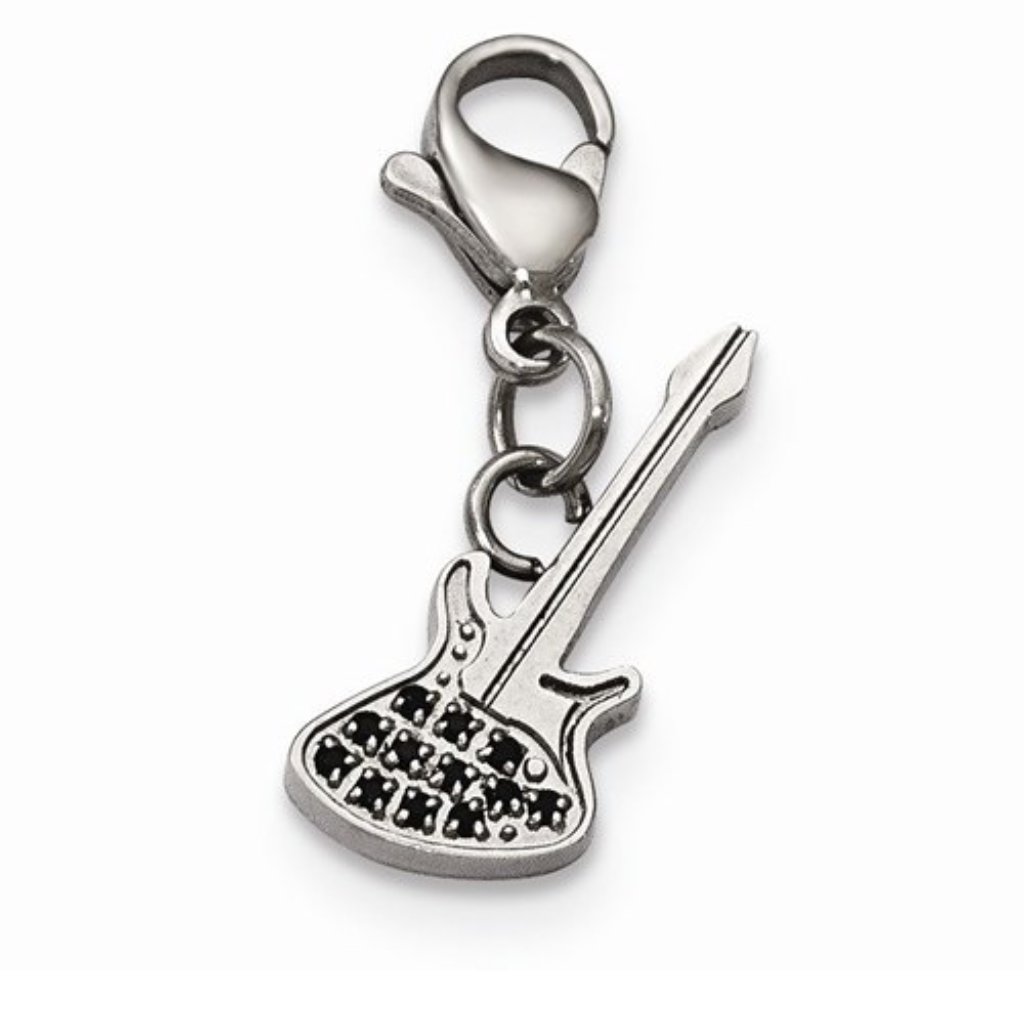 Stainless Steel Black Cz Guitar With Clasp Charm